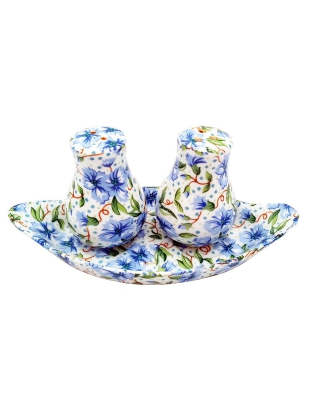 Ainsley Two's Company Salt Pepper Shakers Tray Blue Floral Ceramic Set